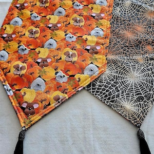 May include: A black and orange Halloween table runner with a pumpkin and dog pattern on one side and a spiderweb pattern on the other side. The runner has black tassels on each end.