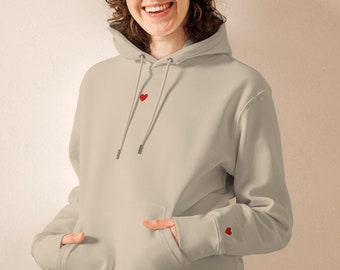 Organic Cotton Hoodie: Embroidered Hearts, Unisex Cozy Sweatshirt