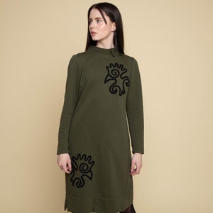 Olive green jersey dress,  Comfortable wear,  Women’s casual dress, Dress with pockets,  Handmade embroidered dress, Stylish women’s garment