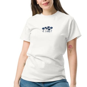 Women&#39;s Embroidered T-Shirt with Cornflowers, Soft Cotton Tee, Classic Fit, Floral Design, Casual Everyday Shirt, Gift for Her