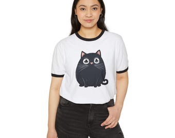 Black Cat Graphic Ringer T-Shirt, Unisex Cotton Tee