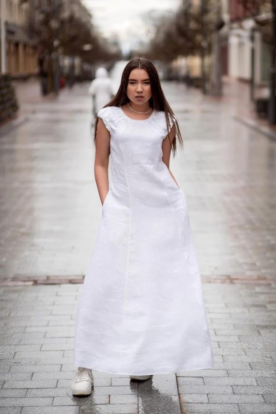 Lace White Linen Maxi Dress: Handmade Summer Boho Clothing