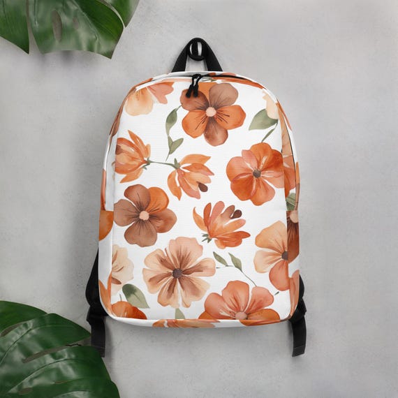 Floral White Backpack: Orange Beige Flower Design, Laptop  display picture 3