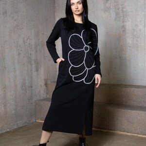 Black long dress,  Warm jersey dress, Dress with handmade decoration, Women&#39;s casual dress, Elegant clothing, Long sleeve dress with slits