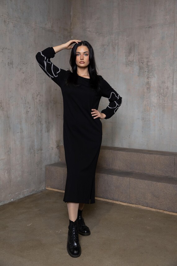 Long Black Jersey Dress: Handmade Sleeve Detail, Side Slits