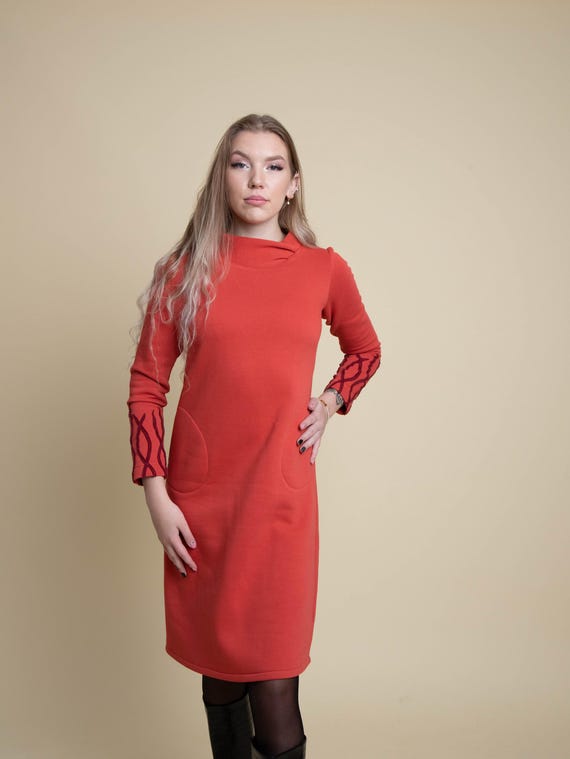 Coral Jersey Dress: Handmade Sleeve Ornaments, Bell-Shaped Silhouette