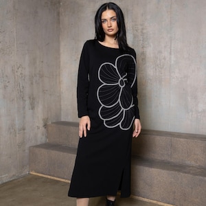 Black long dress,  Warm jersey dress, Dress with handmade decoration, Women&#39;s casual dress, Elegant clothing, Long sleeve dress with slits