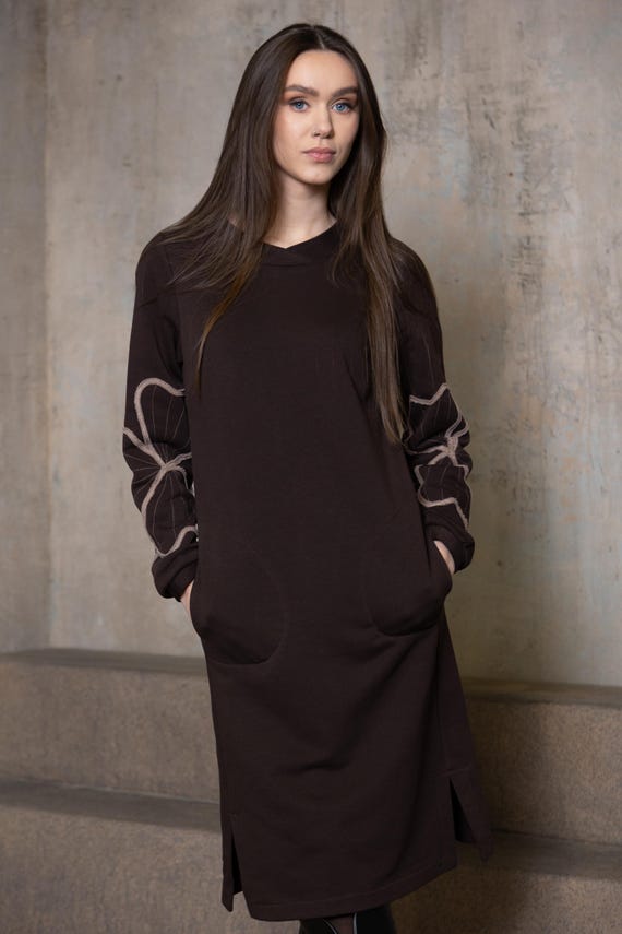 Handmade Chocolate Cotton Dress: Elegant Women's Outfit with Pockets