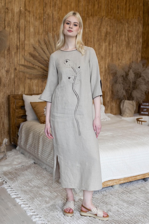 knee length dresses for ladies Women's Linen Blend Boho Maxi Dress with Slit