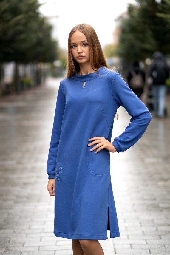 Blue Knit Cotton Dress, Floral Embroidery, Long Sleeve with Pockets Blue Knit Cotton Dress, Floral Embroidery, Long Sleeve with Pockets