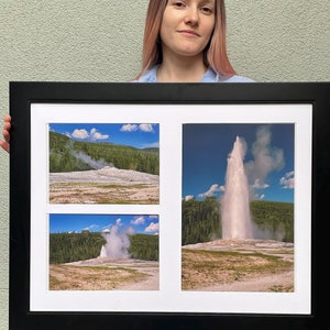 Old Faithful Geyser Photo Montage – Framed Yellowstone National Park Landscape Art Print – Scenic Nature Photography