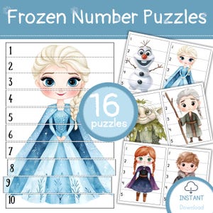 May include: A set of 16 Frozen-themed number puzzles. The puzzles feature illustrations of characters from the movie, including Elsa, Olaf, and Anna. The puzzles are designed to help children learn numbers 1-10. The words "Frozen Number Puzzles" are at the top.
