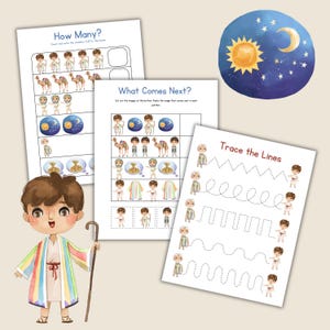 Op de afbeelding: Educatieve werkbladen voor kinderen met illustraties van een jongen, kamelen en hemellichamen. De werkbladen bevatten activiteiten zoals tellen, patroonherkenning en het trekken van lijnen. De afbeelding bevat ook een aquarel illustratie van een jongen met een staf.