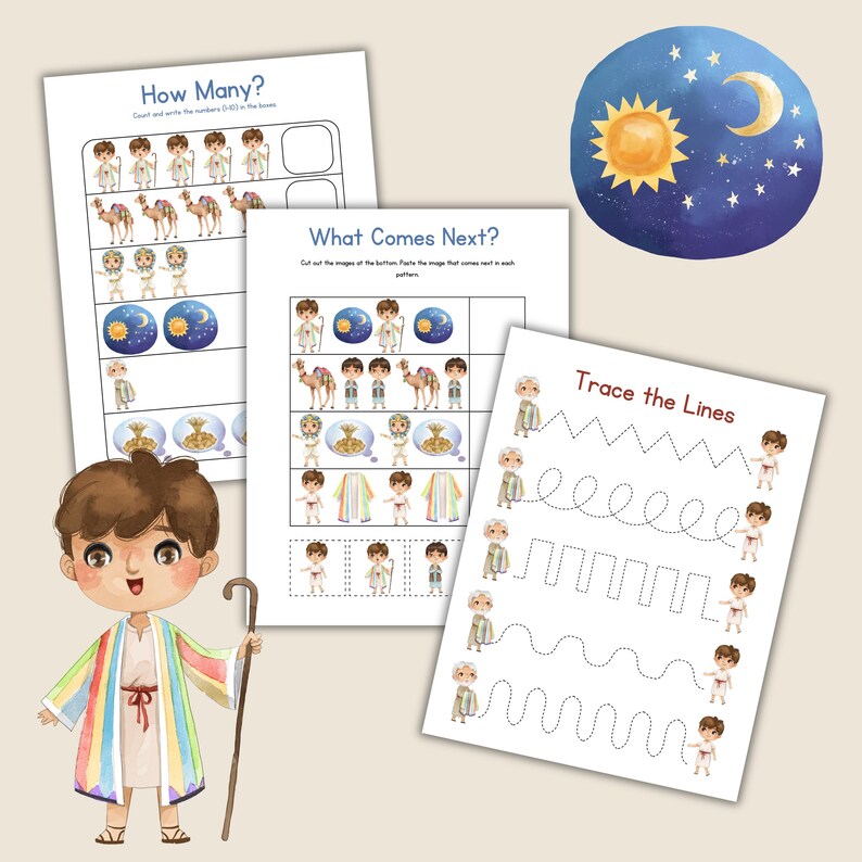 Op de afbeelding: Educatieve werkbladen voor kinderen met illustraties van een jongen, kamelen en hemellichamen. De werkbladen bevatten activiteiten zoals tellen, patroonherkenning en het trekken van lijnen. De afbeelding bevat ook een aquarel illustratie van een jongen met een staf.