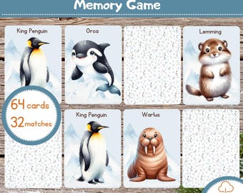 Polar Animals Memory Game, Watercolor Matching (Digital Download)