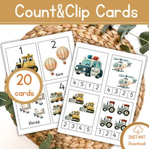 Transportmittel, Clipkarten, 1 bis 10 Zählen, Aktivität für Kinder, Instant Download