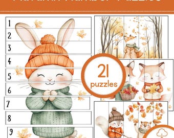 May include: A set of autumn-themed number puzzles featuring a cute bunny wearing an orange hat and sweater. The puzzles include illustrations of foxes and squirrels, with the text "Autumn Number Puzzles" and "21 puzzles". Instant download.