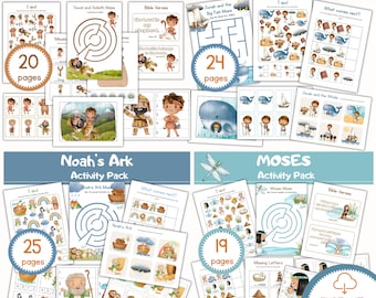 Zestaw książek biblijnych – pakiety aktywności dla dzieci: Dawid, Jonasz, Noe, Mojżesz – zabawa i możliwość wydruku