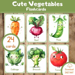 Flashcards sur les légumes| Cartes de légumes| Cartes flash pour enfants d'âge préscolaire|Cartes imprimables Montessori pour tout-petits|Légumes aquarelles|Enseignement à domicile