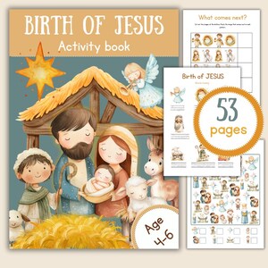 Pode incluir: Um livro de atividades ilustrado e colorido para crianças de 4 a 6 anos sobre o nascimento de Jesus. A capa apresenta uma cena da Natividade com Maria, José, o bebê Jesus, um anjo, um burro e uma ovelha. O livro tem 53 páginas e inclui atividades como "O que vem depois?" e "Onde está Jesus?"