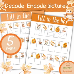 Puede incluir: Dos hojas de trabajo imprimibles con el texto "Decode Encode pictures" y "Fill in the box". Las hojas de trabajo presentan ilustraciones de calabazas, zorros y conejos. Las hojas de trabajo están diseñadas para actividades educativas.