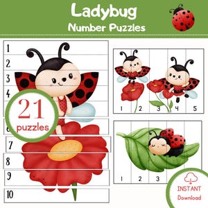 May include: A digital download featuring ladybug-themed number puzzles. The image includes illustrations of ladybugs, flowers, and leaves, with numbers 1-10 and the text "21 puzzles". The words "Ladybug Number Puzzles" are at the top.