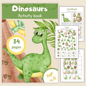 May include: A green dinosaur activity book with 34 pages for ages 4-6. The cover features a green dinosaur with a yellow belly and a smaller green dinosaur with yellow wings. The book includes activities like counting and matching, and I spy.