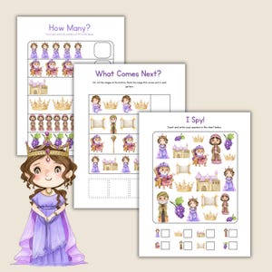 Op de afbeelding: Drie werkbladen voor kinderen met illustraties met prinsessenthema. De bladen bevatten de teksten "How Many?", "What Comes Next?" en "I Spy!". De illustraties bevatten prinsessen, kronen, kastelen en druiven, allemaal in zachte aquareltonen.