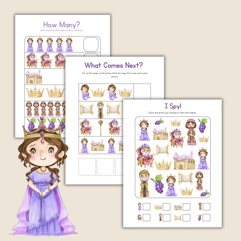 Op de afbeelding: Drie werkbladen voor kinderen met illustraties met prinsessenthema. De bladen bevatten de teksten "How Many?", "What Comes Next?" en "I Spy!". De illustraties bevatten prinsessen, kronen, kastelen en druiven, allemaal in zachte aquareltonen.
