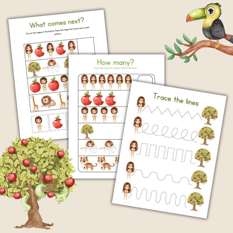 Op de afbeelding: Educatieve werkbladen met illustraties van appels, bomen en figuren. De werkbladen bevatten de tekst "What comes next?", "How many?" en "Trace the lines". Een toekan zit op een tak in de rechterbovenhoek.
