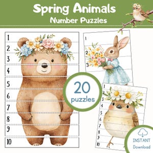 May include: A set of 20 printable number puzzles featuring spring animals. The puzzles include a bear wearing a flower crown, a rabbit holding a bouquet of flowers, and a bird wearing a flower crown. The puzzles are numbered 1-10.
