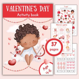 Könnte beinhalten: Valentinstag-Aktivitätsbuch mit einer Cupido-Illustration. Auf dem Cover steht "Valentine's Day Activity book". Enthält 37 Seiten mit Spielen und Aktivitäten für Kinder im Alter von 4-6 Jahren. Enthält "Ich sehe was" und Memory-Spiele.