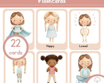 May include: A set of 22 flashcards featuring illustrations of children expressing different emotions. The emotions include happy, loved, worried, angry, calm, and more. The flashcards are designed to help children learn about and understand their own emotions.