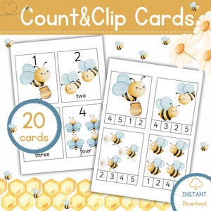 Bee Count and Clip Cards, 1 to 10 Counting, Activity for Kids, Instant Download