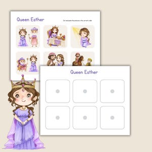 Op de afbeelding: Een kinderwerkblad met illustraties van koningin Esther in verschillende sc&egrave;nes. Het blad bevat de tekst "Queen Esther" en instructies om de plaatjes in de juiste volgorde te knippen en te plakken. Er is ook een cartoonillustratie van koningin Esther aanwezig.