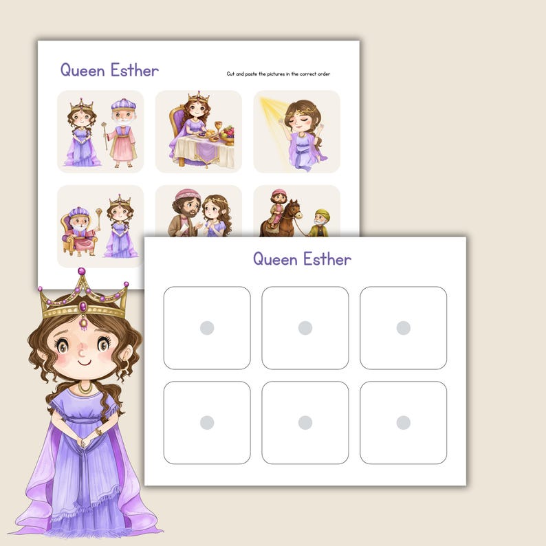 Op de afbeelding: Een kinderwerkblad met illustraties van koningin Esther in verschillende sc&egrave;nes. Het blad bevat de tekst "Queen Esther" en instructies om de plaatjes in de juiste volgorde te knippen en te plakken. Er is ook een cartoonillustratie van koningin Esther aanwezig.