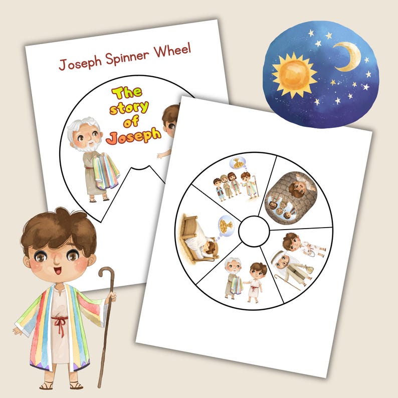 Op de afbeelding: Twee afdrukbare Joseph Spinner Wheels met illustraties van het verhaal van Joseph. E&eacute;n wiel is gelabeld "Joseph Spinner Wheel" en "The story of Joseph". Een stripfiguurjongen met een staf en kleurrijk gewaad staat op de voorgrond. Een cirkelvormige afbeelding van de zon, maan en sterren is ook aanwezig.
