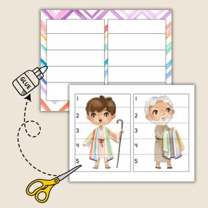 Op de afbeelding: Een knutselactiviteitenset met ge&iuml;llustreerde personages en genummerde secties. Inclusief een lijmfles en een schaargrafiek. De achtergrond heeft een aquarelontwerp met een regenboogkleurenschema. De personages dragen kleurrijke gewaden en houden een staf en een deken vast.