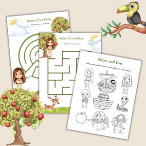 Op de afbeelding: Drie afdrukbare werkbladen met het verhaal van Adam en Eva. E&eacute;n blad is een doolhof, een ander heeft kleurplaten en het derde is een doolhof. De bladen bevatten illustraties van Adam, Eva en een appelboom.