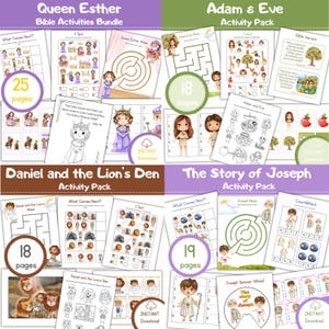 Op de afbeelding: Een bundel Bijbel-activiteitenpakketten met illustraties. De pakketten omvatten "Queen Esther" (25 pagina's), "Adam & Eva" (18 pagina's), "Daniel en de Leeuwenkuil" (18 pagina's) en "Het verhaal van Jozef" (19 pagina's).