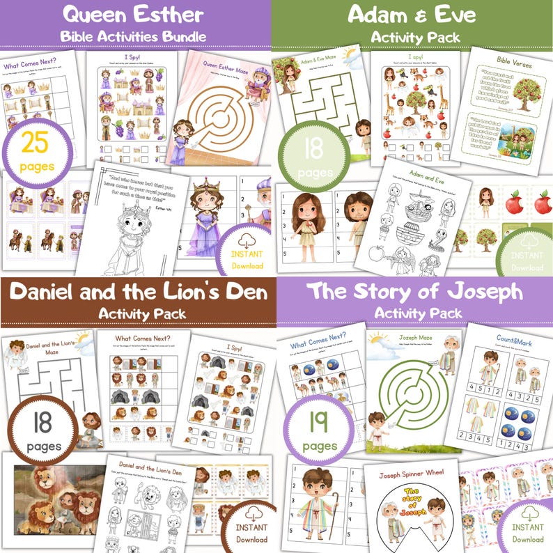 Op de afbeelding: Een bundel Bijbel-activiteitenpakketten met illustraties. De pakketten omvatten "Queen Esther" (25 pagina's), "Adam & Eva" (18 pagina's), "Daniel en de Leeuwenkuil" (18 pagina's) en "Het verhaal van Jozef" (19 pagina's).