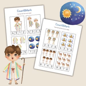 Op de afbeelding: Twee educatieve werkbladen met de tekst "Count & Mark" bevatten illustraties van stripfiguren, kleding en hemellichamen. Er worden cijfers verstrekt voor teloefeningen. Een stripjongen met een staf staat op de voorgrond.