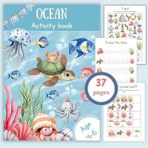 May include: An ocean-themed activity book for children ages 4-6. The cover features a colorful illustration of a turtle, jellyfish, fish, octopus, and other sea creatures. The book includes 37 pages of activities, such as tracing lines, finding hidden objects, and completing patterns.