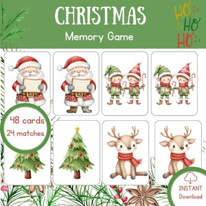 May include: A Christmas memory game with 48 cards and 24 matches. The cards feature illustrations of Santa Claus, elves, reindeer, and Christmas trees. The game is designed for children and adults.