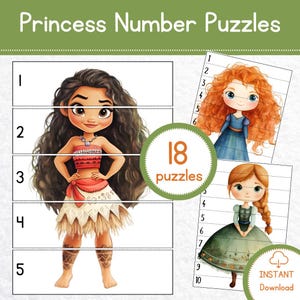 Pode incluir: Quebra-cabeças de números de princesas com ilustrações de princesas. Os quebra-cabeças são divididos em seções numeradas, com um total de 18 quebra-cabeças. Inclui o texto "Download instantâneo".