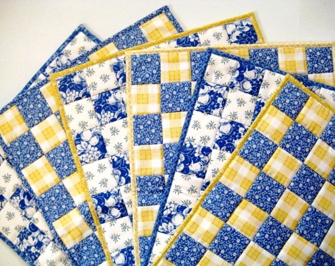 Quilted Placemats, Mix & Match Patchwork Placemats in Blue, Yellow and