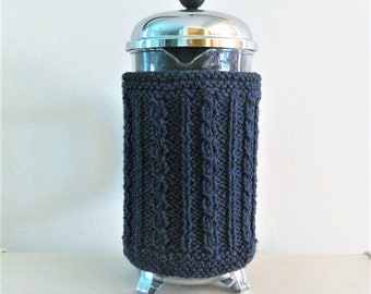 Natural Cable Knit Aran French Press Coffee Cozy Indigo Blue