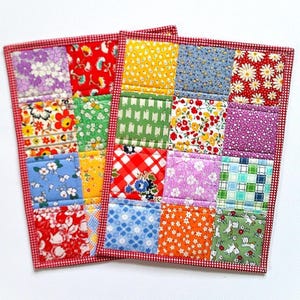 Quilted Patchwork Placemats, Snackmats in Bright Retro Prints, 9"x12", Set of Two