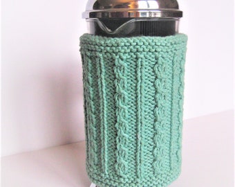 Natural Cable Knit Aran French Press Coffee Cozy Seafoam Green