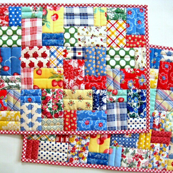 Pair of Quilted Patchwork Placemats, Scrap Happy Bright Red Yellow Blue Green